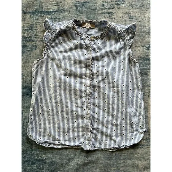 Loft Blue White Stripe Daisy Ruffle Button Front Top Women's Medium - Picture 5 of 10